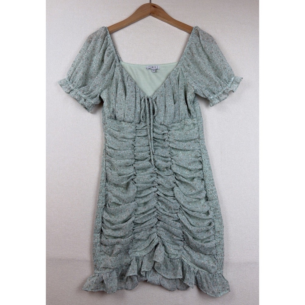 IRIS Coquette Babydoll Floral Ruched Mini Dress Size M Green Romantic Feminine